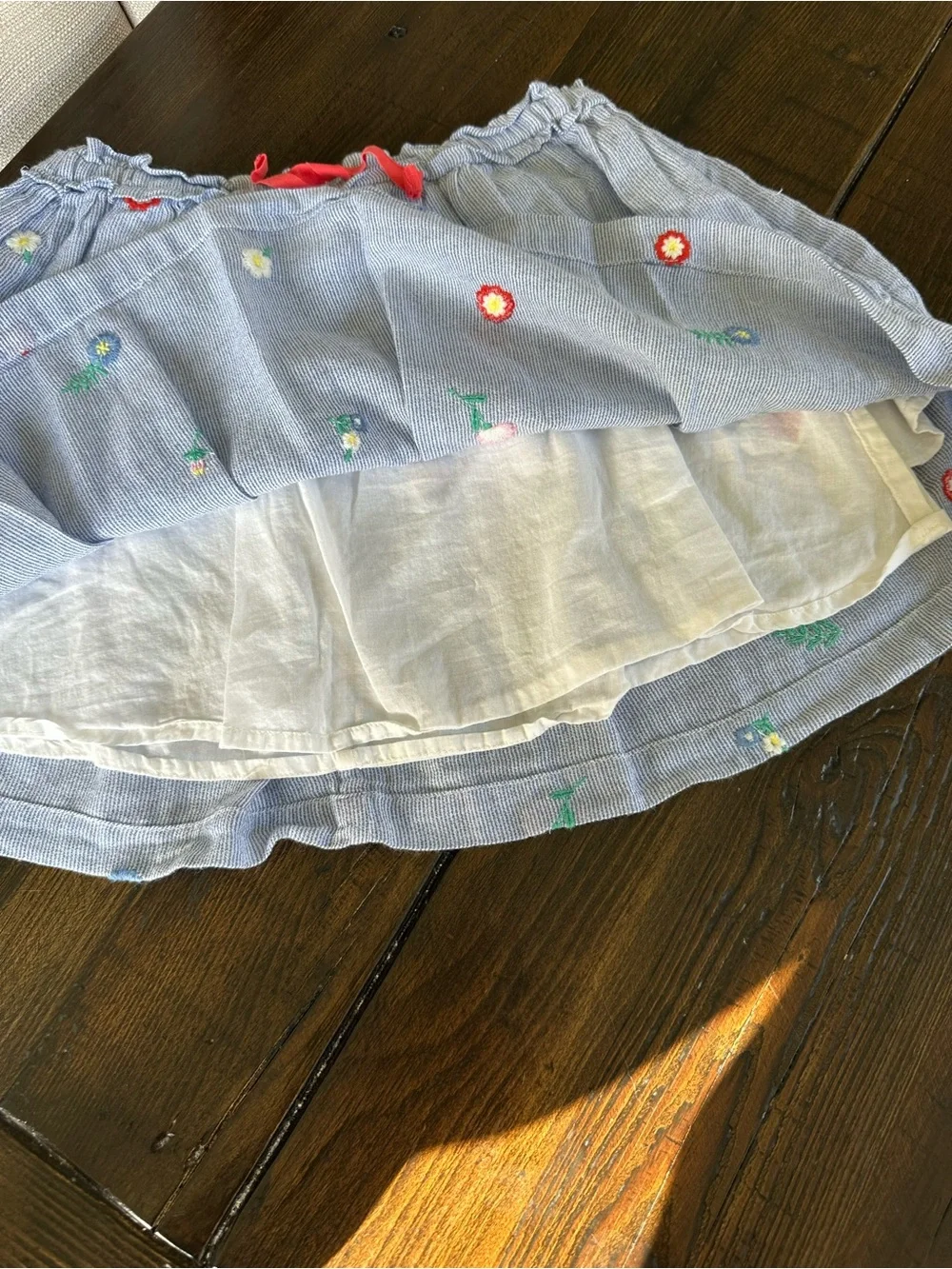Mini Boden Light Blue Micro Striped Floral Embroidered Skirt